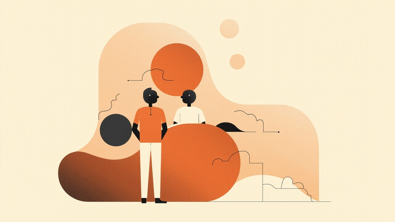 Illustration éditoriale : deux collaborateurs devant des formes abstraites