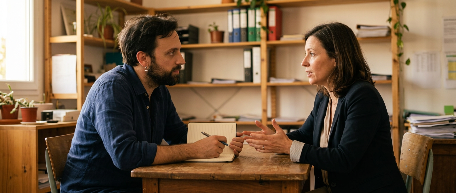 Romain en interview chez un client, carnet en main