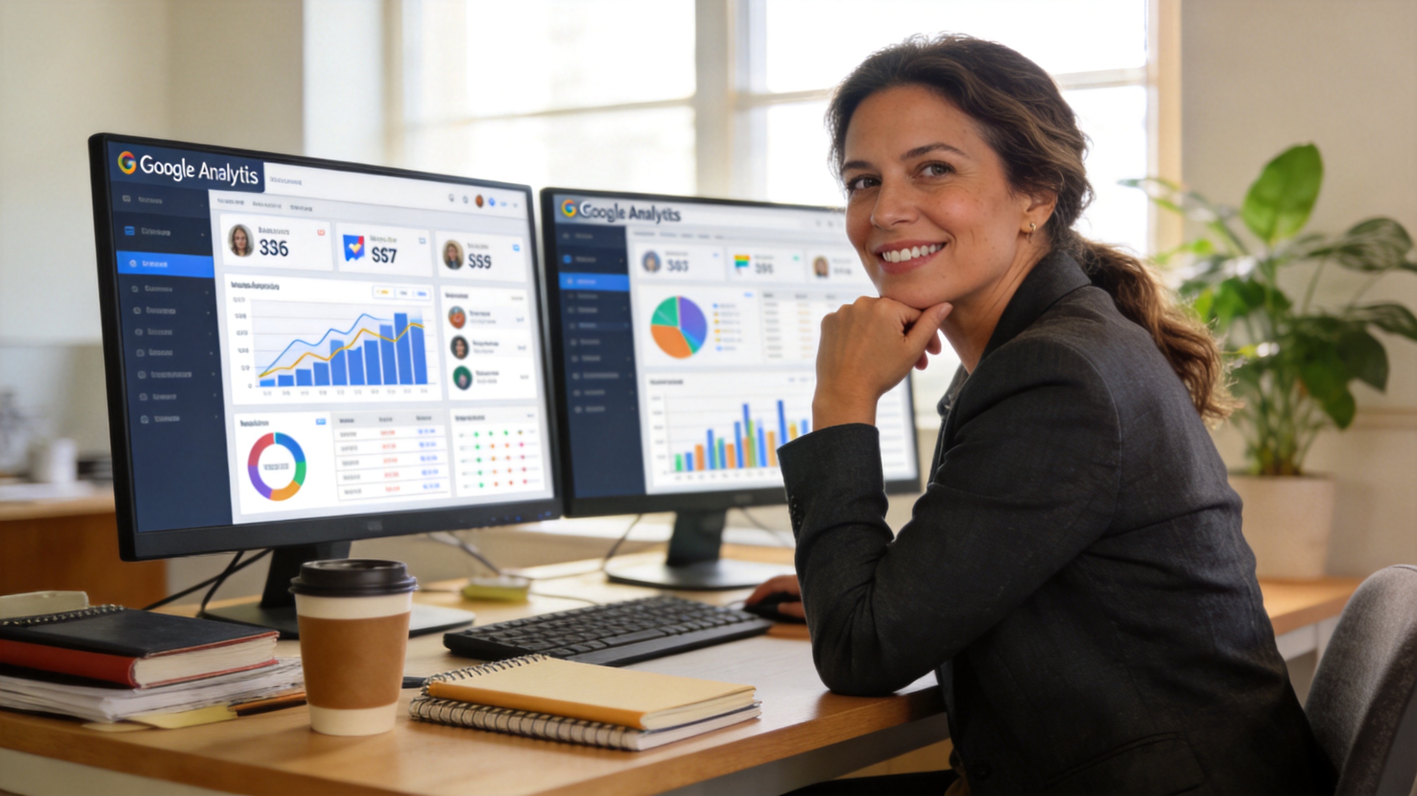 Marketer devant des écrans Google Analytics en double affichage — diagnostic IA marketing pour PME Montpellier, agence IA Felixia : automation campagnes, SEO et attribution multi-canal