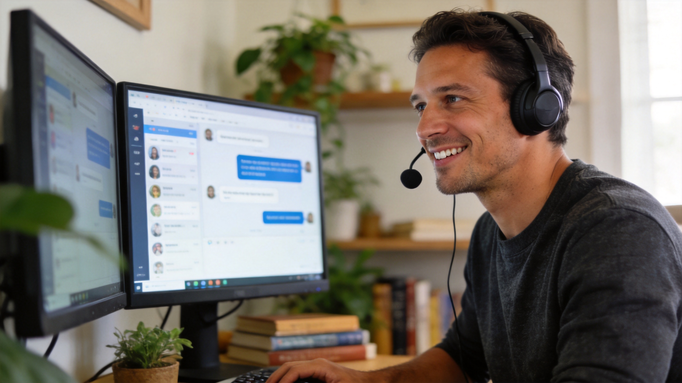 Agent support client avec casque devant un dual-screen — diagnostic IA support client PME, agence IA Felixia Montpellier : helpdesk IA, base de connaissances et automatisation tickets