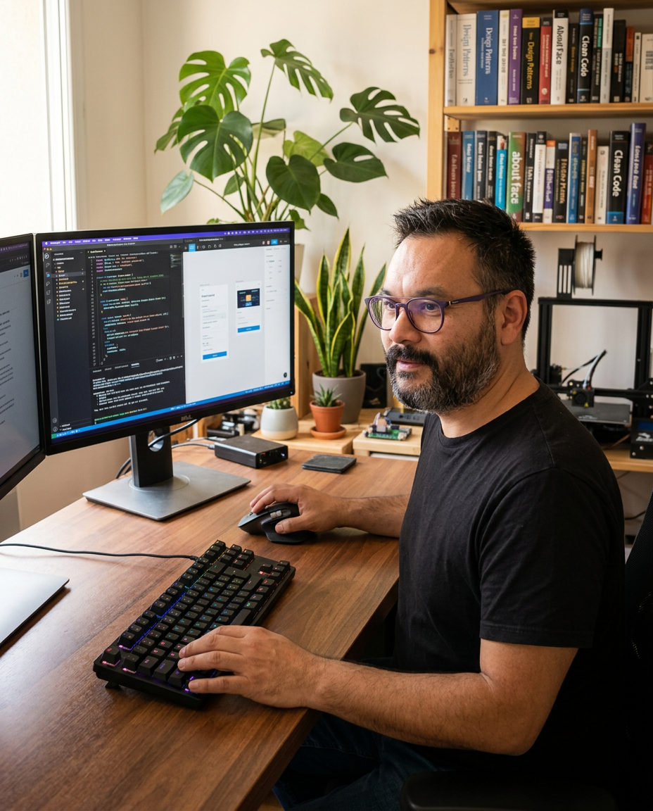 Portrait de Jensen, développeur et designer no-code chez Felixia — agence IA PME Montpellier, intégration outils et prototypage rapide